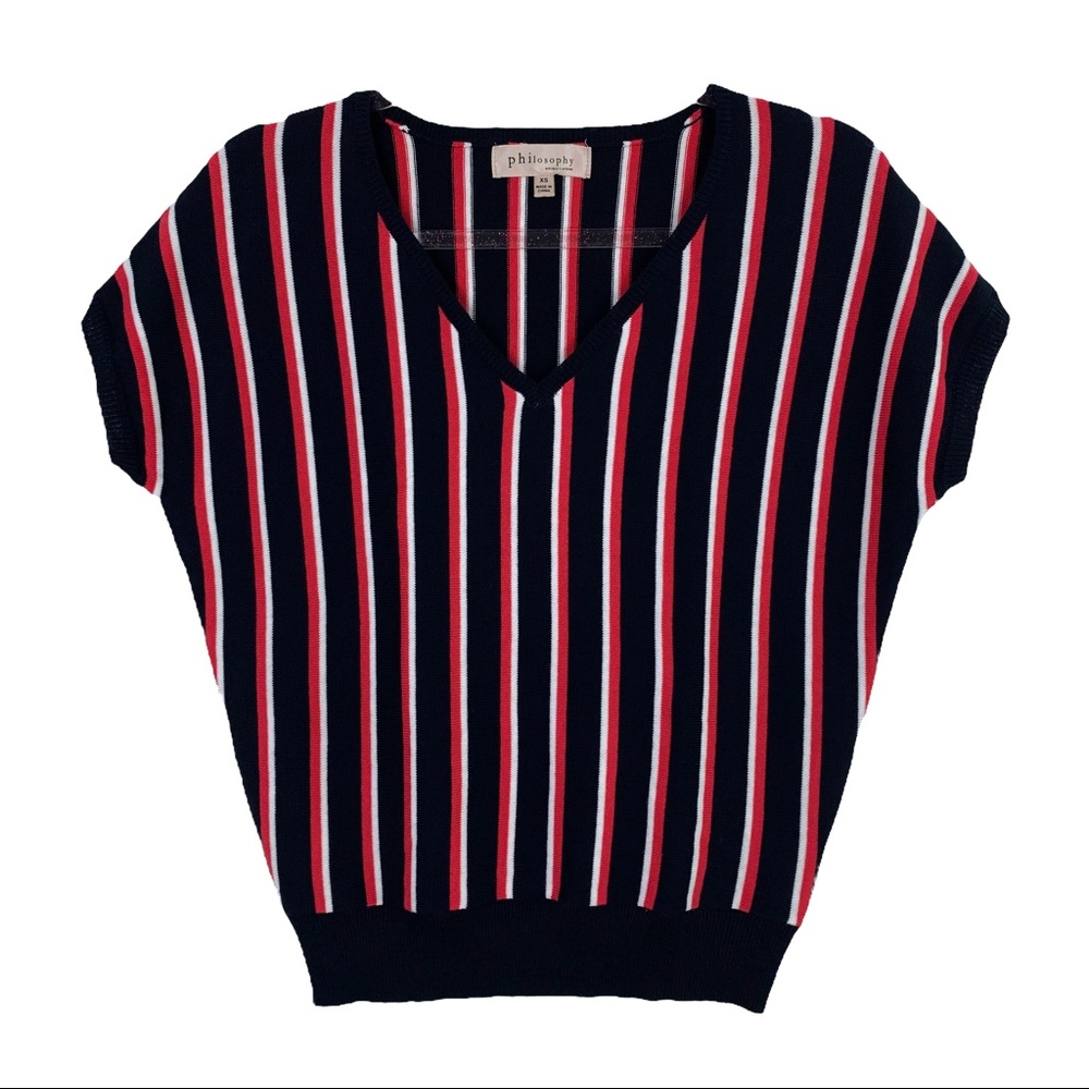 Philosophy Short Sleeve Striped Sweater Blouse Vest Knitted Cap Sleeve